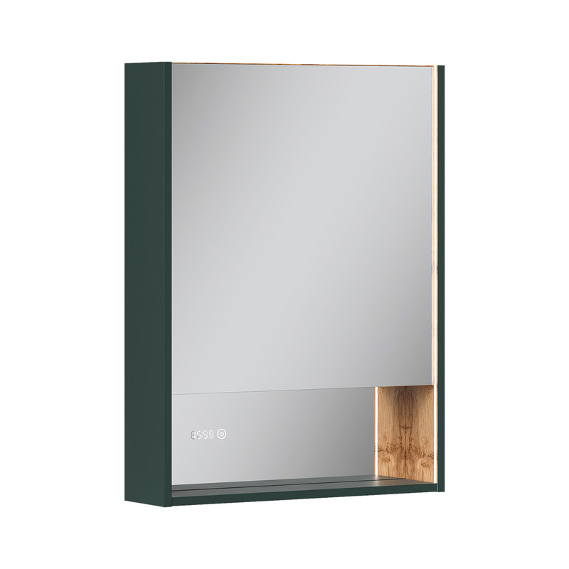 Шкаф зеркальный EQUIL Gleam 60, подвесной, 1 дв., зеленый камень/дуб вотан (szGLEAM.LED.60.1D-34)